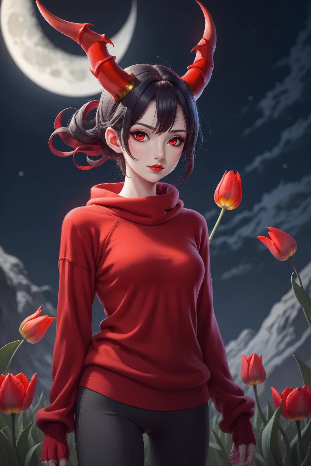 [(demon girl):(crab girl):0.5],red sweater,yoga pants,demon horns,moon,[(mantis girl):(genie):0.3],red tulip,