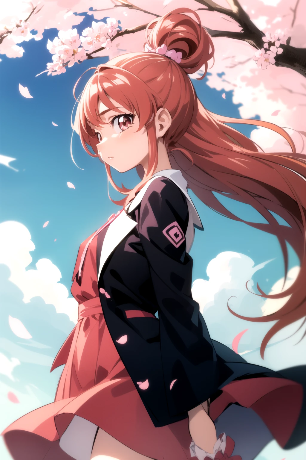 <lora:oimanji_v0.2:0.8>
1girl, from side, profile, clouds,
wind, cherry blossoms, falling petals, looking at viewer, floating hair,, masterpiece, best quality, highly detailed