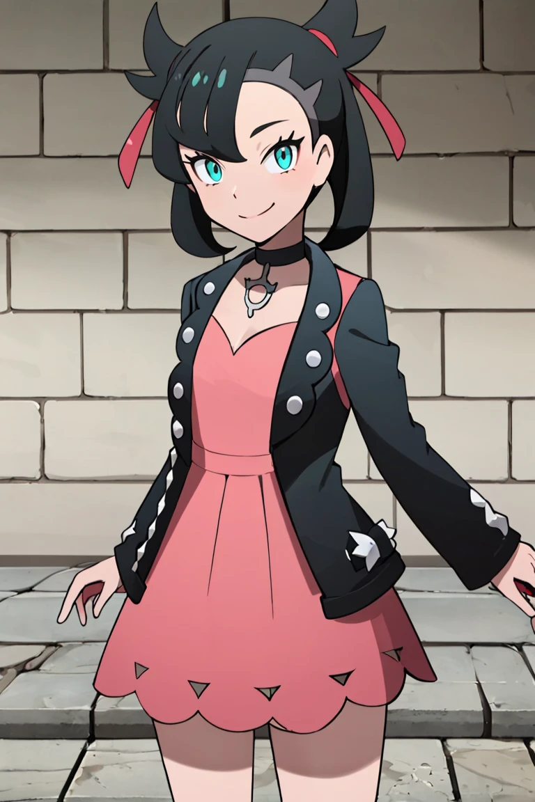 <lora:Alola_Style:0.7>, ((masterpiece,best quality)), absurdres, <lora:Marnie_Pokemon_Dim32:0.8>, Marnie_Pokemon, aqua eyes, black choker, red ribbon,  jewelry, pink dress, black jacket, open clothes, long sleeves, solo, smiling, looking at viewer, cowboy shot,  ,