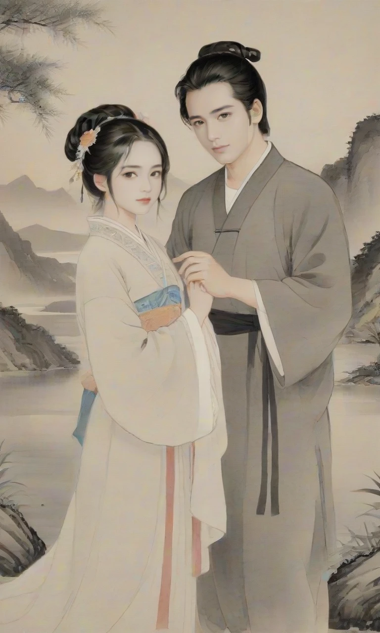 8k, masterpiece, best quality, 2D, traditional chinese ink painting,
1 girl , 1boy, the man have a handsome face, the girl have a lovely face girl, the man's hand is holding the girl's hand,nice hands,
background is sky,
ink, <lora:watercolor-ink-sketch-v1:0.4>
