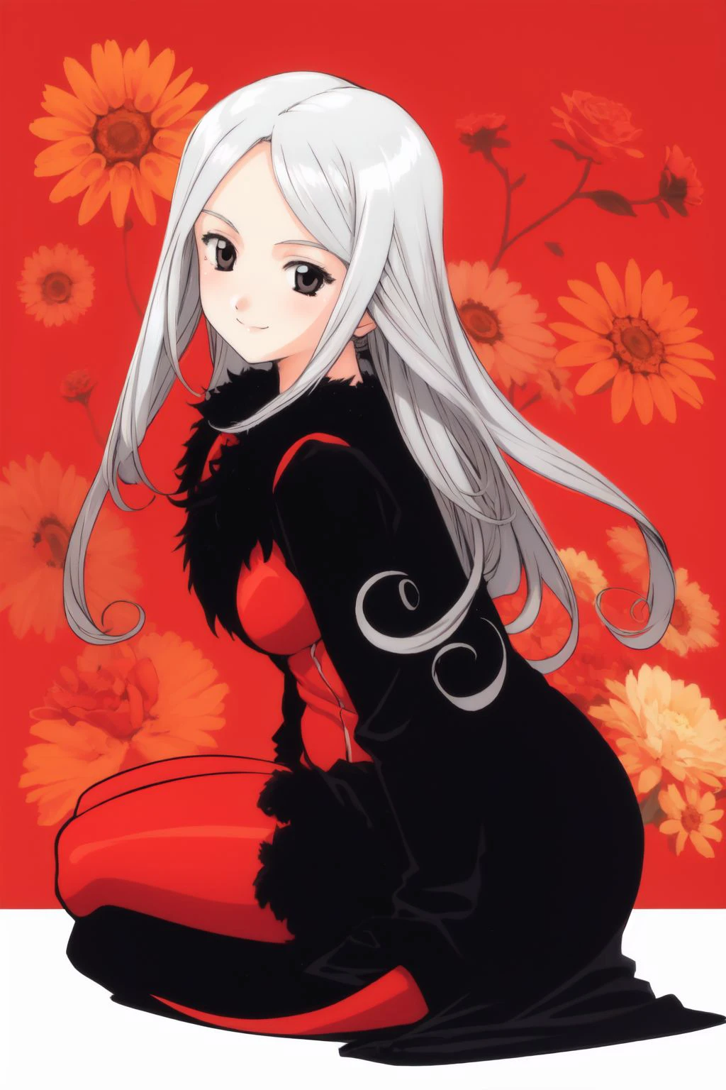 full body, solo, 1girl, looking back, smile, blush, medium breasts, silver hair, ringlets, black eyes, beautiful detailed face, ultra detailed eyes, red fur coat, no light, Salmon_Reagan \(flower\), floral background <lora:fujishima_kousuke_style_v04:1>