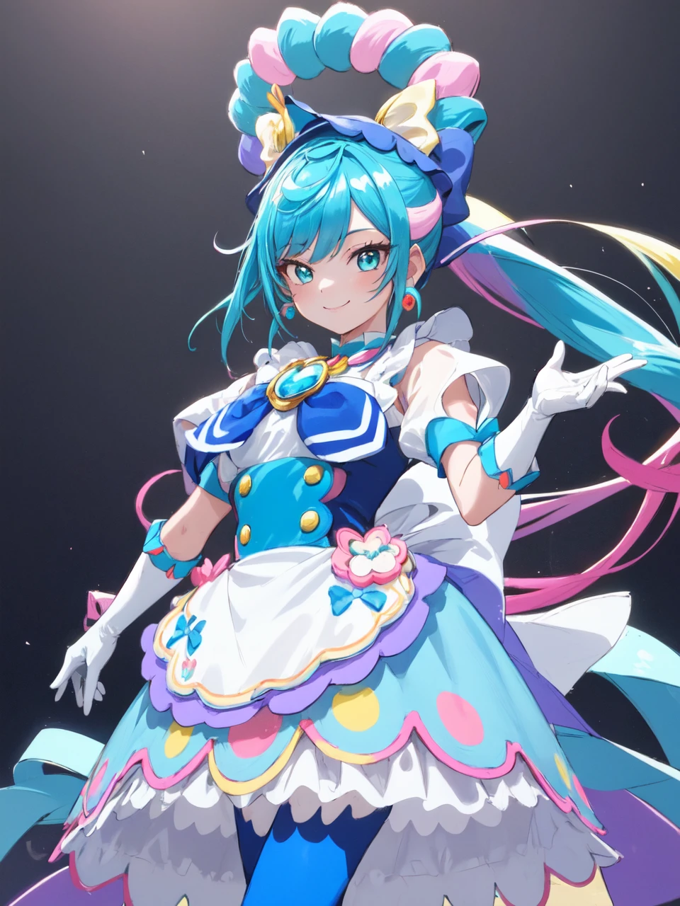 masterpiece, best quality, looking at viewer, depth of field, standing,
1girl, <lora:locon_cure_spicy_02:0.9>, cure spicy, multicolored hair, ponytail, blue high heels, blue legwear, headwear, gloves, brooch, earrings, ahoge, apron, ribbon, wristwatch, 
smile, ((gradient background)), lens flare,