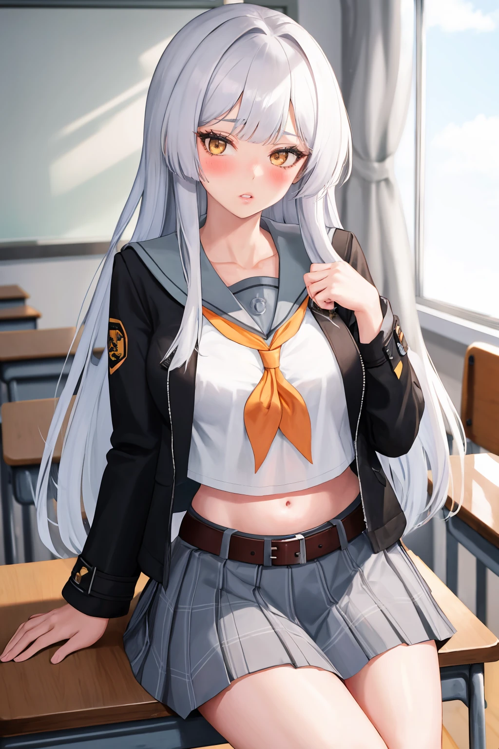 masterpiece, best quality, 1girl, solo, <lora:minamirio-erbs-richy-v1:1> riodef, school uniform, serafuku, neckerchief, sailor collar, shirt, skirt, jacket, belt, midriff, navel, parted lips, blush, looking at viewer, classroom, sitting on desk, school desk