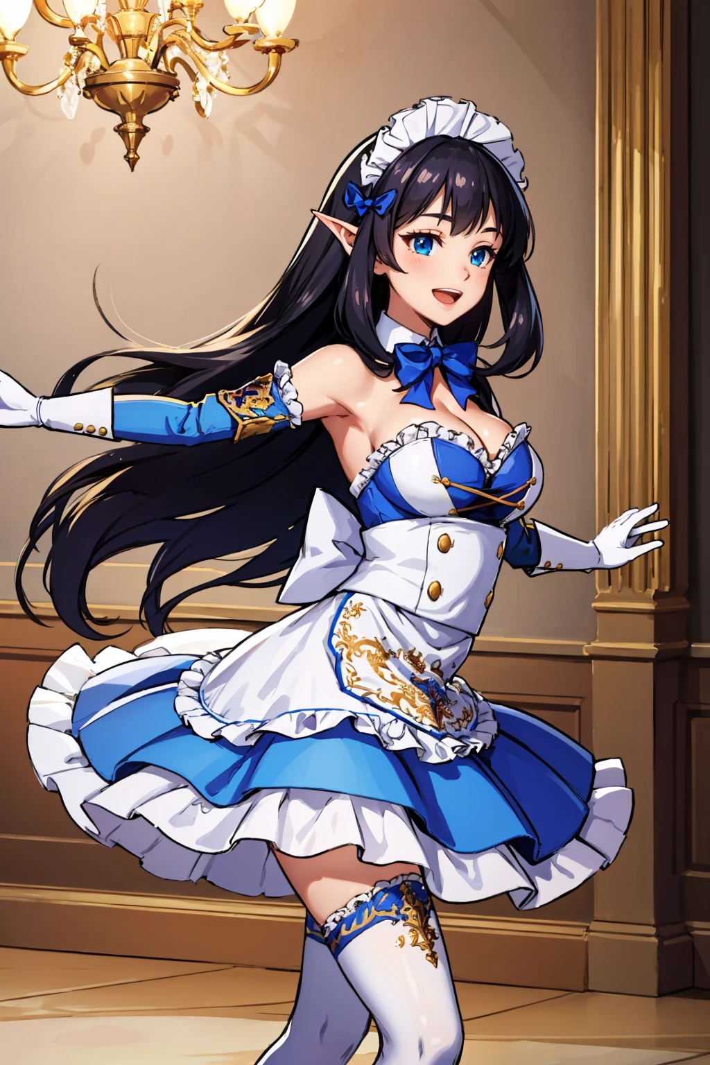 masterpiece, best quality, <lora:mirianne-nvwls-v1-000009:0.9> mirianne, maid headdress, cleavage, frilled dress, bowtie, detached sleeves, white gloves, white thighhighs, large breasts, smile, dancing, chandelier, mansion, :D, from side