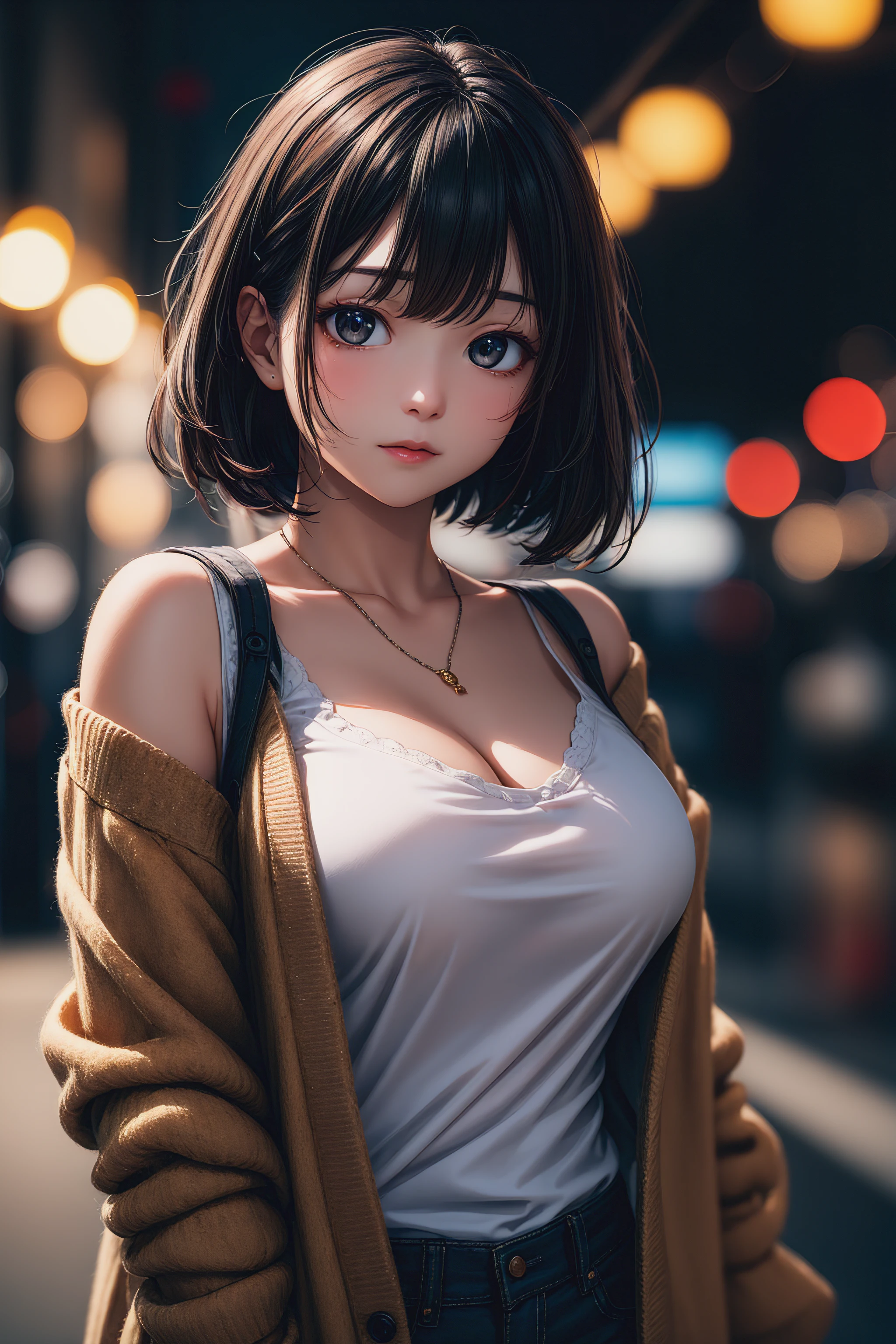 4k wallpaper,
highres,
kawaii,cute,
1 girl, solo,
azure hair, lob, bangs,
brown eyes,
from front,
impatient,
Oversized cardigan with patchwork details,
large breasts, 
BREAK
simple background,bokeh