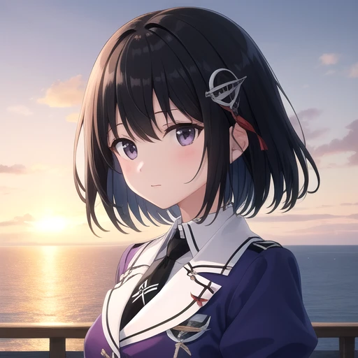 ((masterpiece)),(best quality),official art,extremely detailed CG,unity 8k wallpaper,ultra detailed,A lighthouse on a cliff by the sea,1girl,solo,upper body,(portrait:1.2),white_pantyhose,black_necktie,hair_ornament,short_hair,black_hair,military_uniform,black_eyes,white_gloves,purple jacket,pencil_skirt,black_skirt,brown_eyes,elbow_gloves,<lora:Haguro(kan)>,
