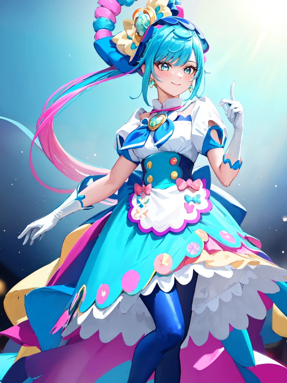 masterpiece, best quality, looking at viewer, depth of field, standing, full body,
1girl, <lora:locon_cure_spicy_02:0.9>, cure spicy, multicolored hair, ponytail, blue high heels, blue legwear, headwear, gloves, brooch, earrings, ahoge, apron, ribbon,
smile, ((gradient background)), lens flare,