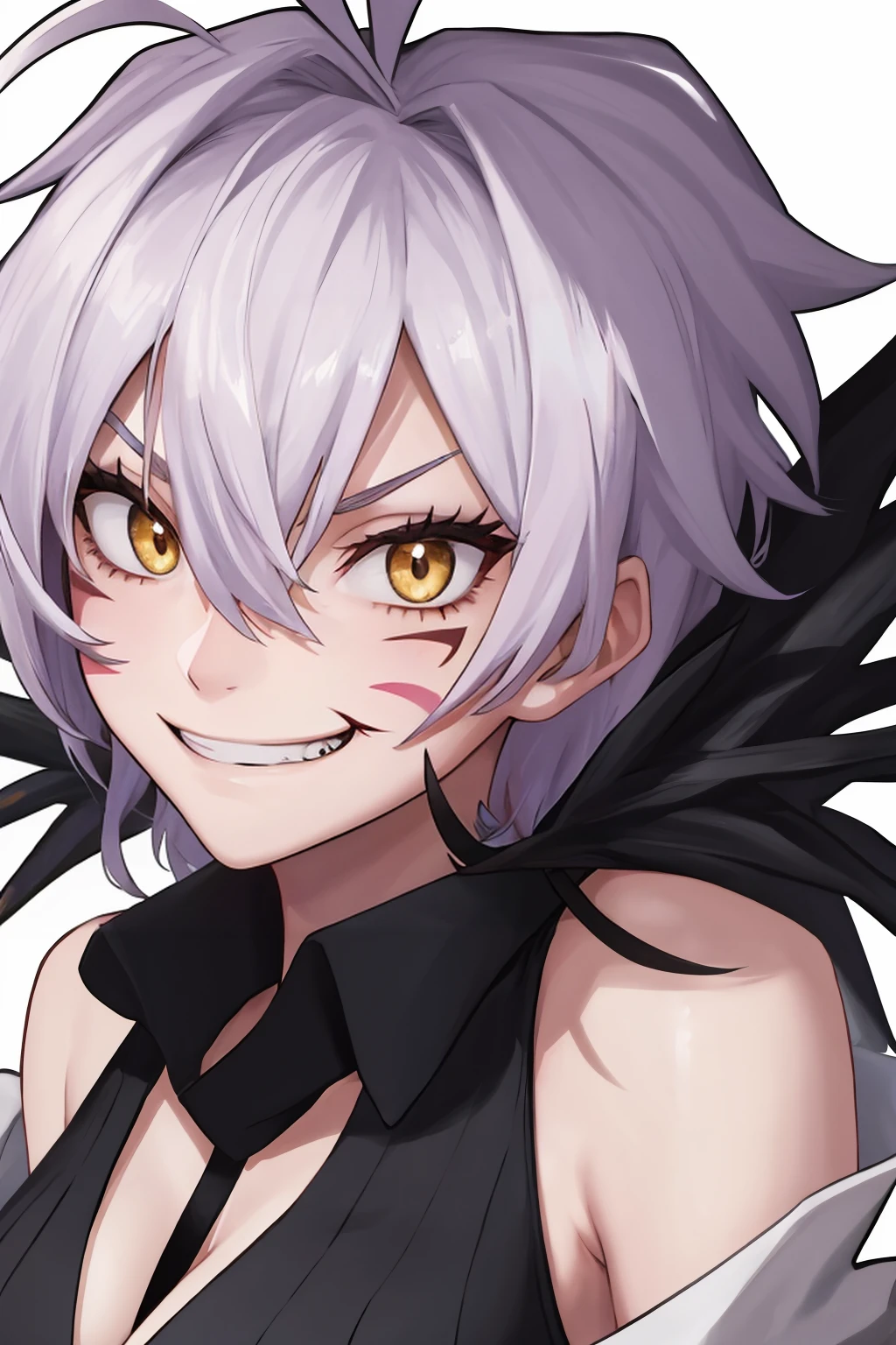 masterpiece, best quality, 1girl, solo, <lora:manyuukagefusa-mh-richy-v1:1> kagefusa, ahoge, black feathered shoulder pads, black shirt, top, close-up, grin, facial mark