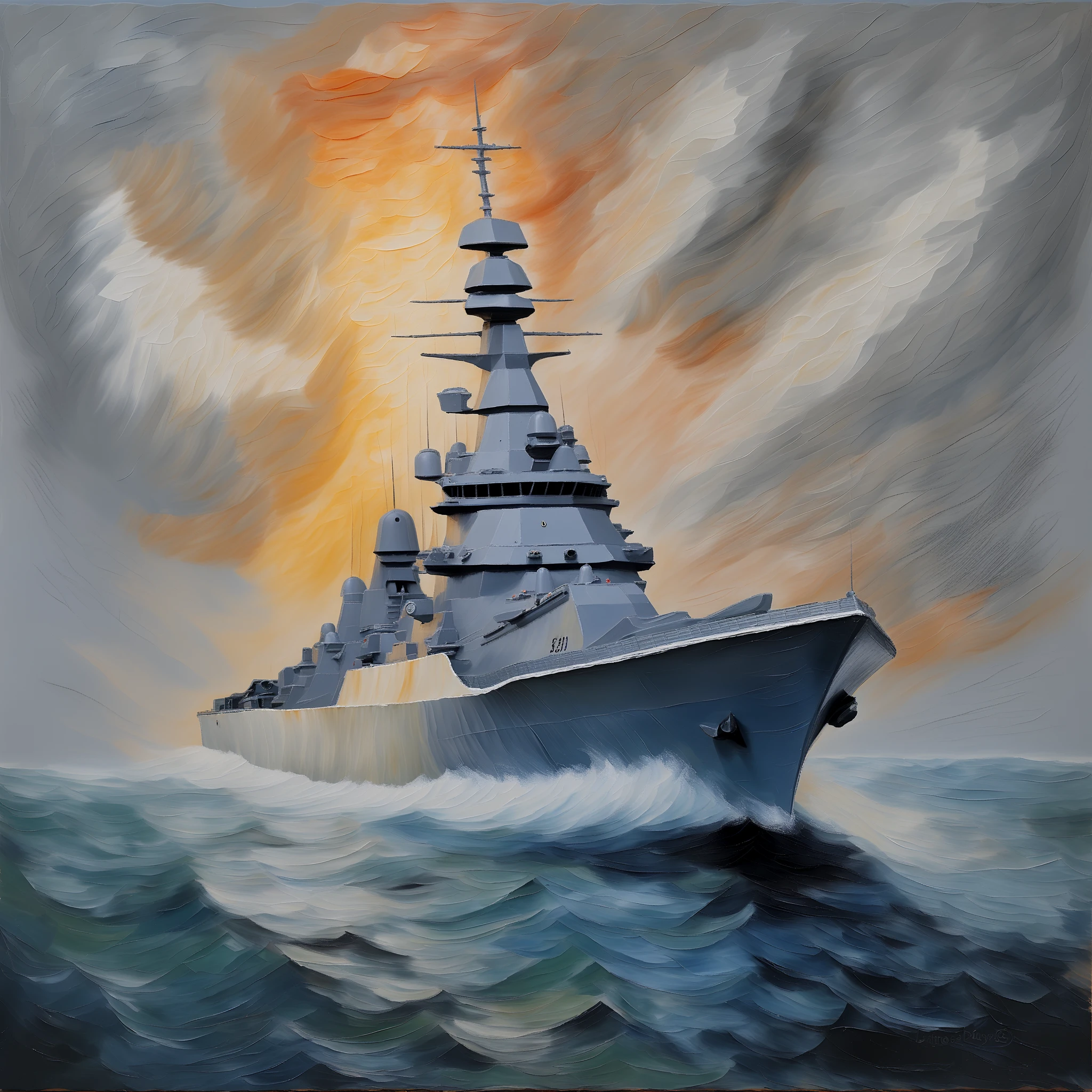 heavy impasto oil painting of a warship traveling towards its hopes and dreams
