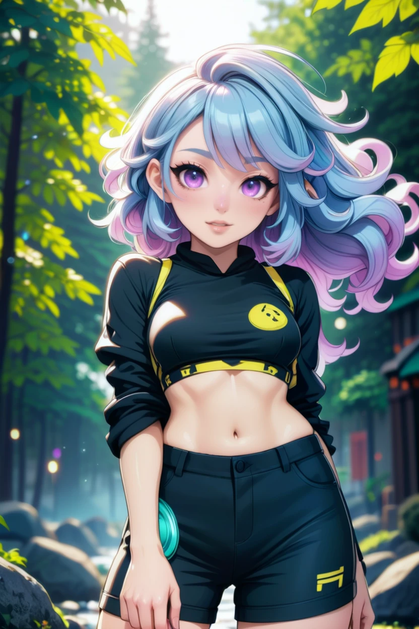 1girl, woman, f/1.4 lens, bokeh, tiny Sugar Maple tree sprite, see-through gossamer, troll face, bombshell hair, pastel platinum hair, Tight Curls,ahoge, hourglass figure, (asian:1.3)<lora:EnvyTomboyXL01:.8>