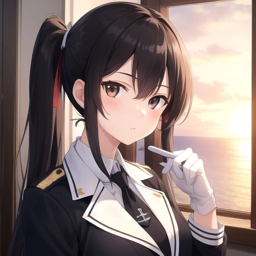 ((masterpiece)),(best quality),official art,extremely detailed CG,unity 8k wallpaper,ultra detailed,A lighthouse on a cliff by the sea,1girl,solo,upper body,(portrait:1.2),nachi (kantai collection),black belt,collar,black hair,black neckwear,black skirt,purple jacket,brown eyes,high heel boots,absurdly long hair,long sleeves,looking at viewer,medium breasts,pencil_skirt,white pantyhose,side ponytail,military uniform,white gloves,<lora:Nachi(kan)>,