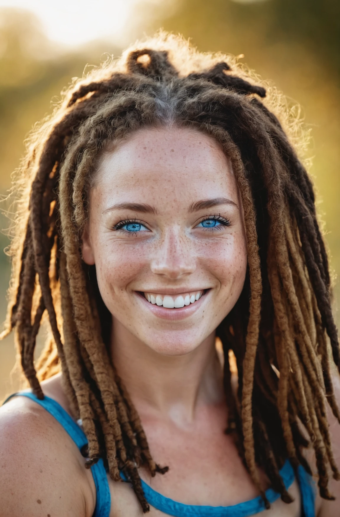 beautiful lady, (freckles), big smile, blue eyes, dreadlock hair, dark makeup, hyperdetailed photography, soft light, head and shoulders portrait, cover