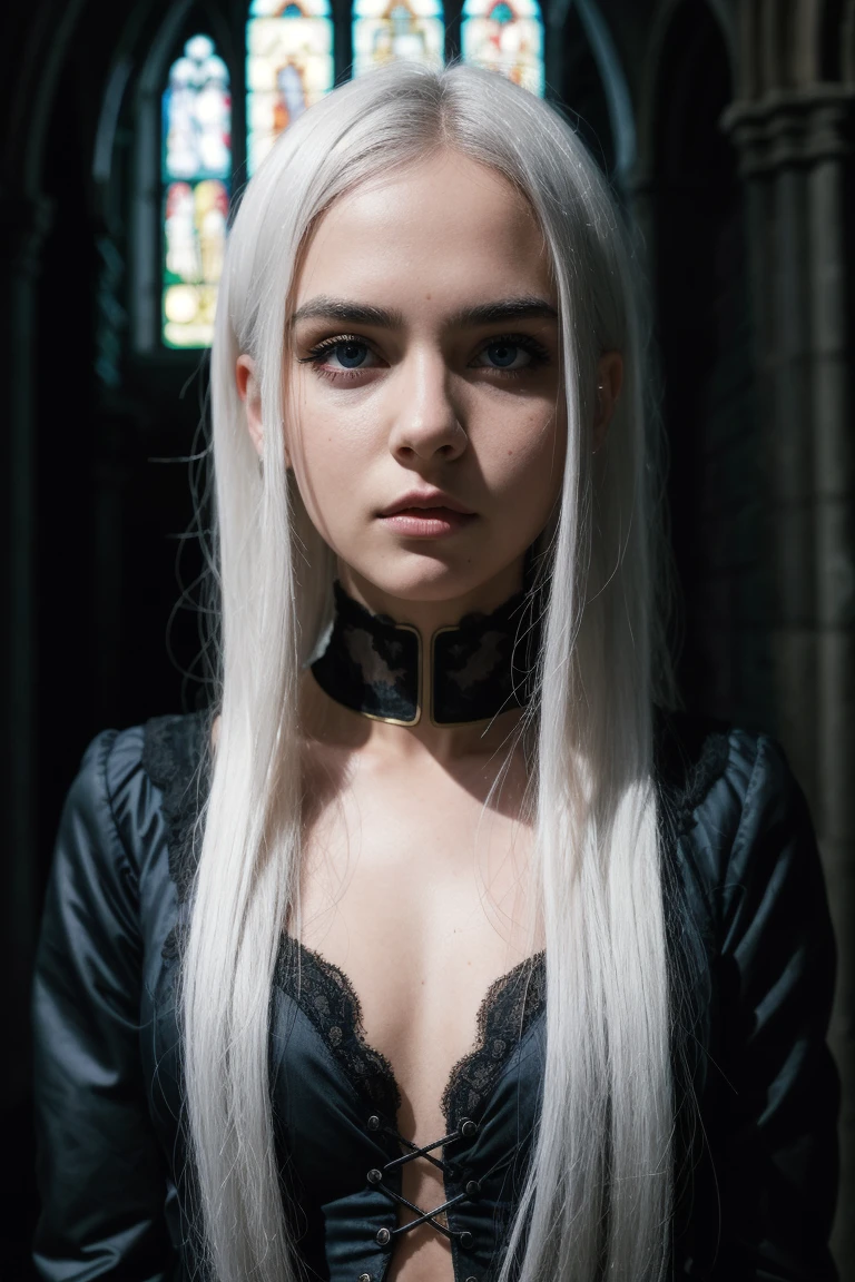 RAW photo, 8k, perfect composition, realistic, masterpiece,
extremely detailed, best quality, highres, detailed eyes, realistic eyebrow,
realistic mistakes, detailed hair, ultra_detailed, UHD, realistic, textured skin, RAW,
best quality, sharp, realistic details, masterpiece, photorealistic, realism,
hyperrealism, ultra realistic, detailed pupils, sharp, detailed face, girl
,white hair, dim lighting, dark theme, church, gothic girl, scary
, standing, upper body,
