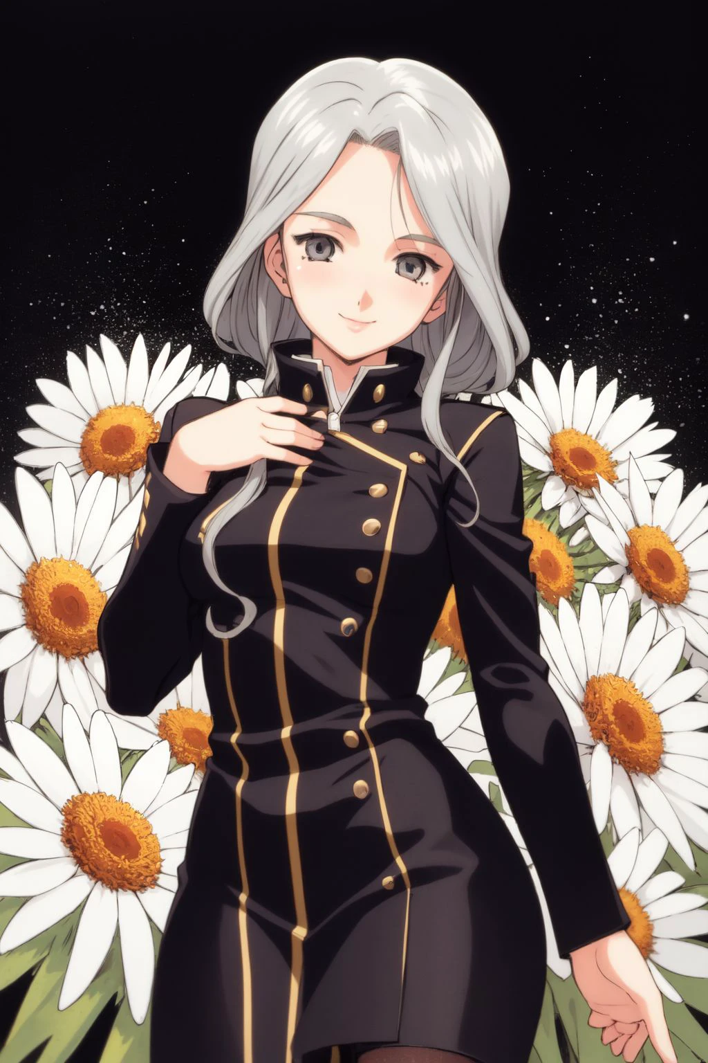 cowboy shot,  solo, 1girl, looking down, smile, blush, medium breasts, grey hair, hair intakes, light grey eyes, beautiful detailed face, ultra detailed eyes, black peacoat, glitter particles, Strawflower \(flower\), floral background <lora:fujishima_kousuke_style_v04:1>