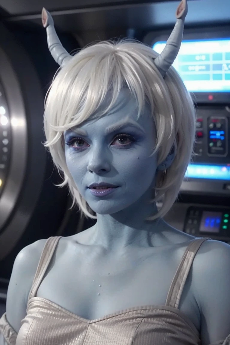 andorian woman, white hair, white eyebrows, blue skin, antennae, dress, scifi starship interior, <lora:race_st_andorian:0.75>
