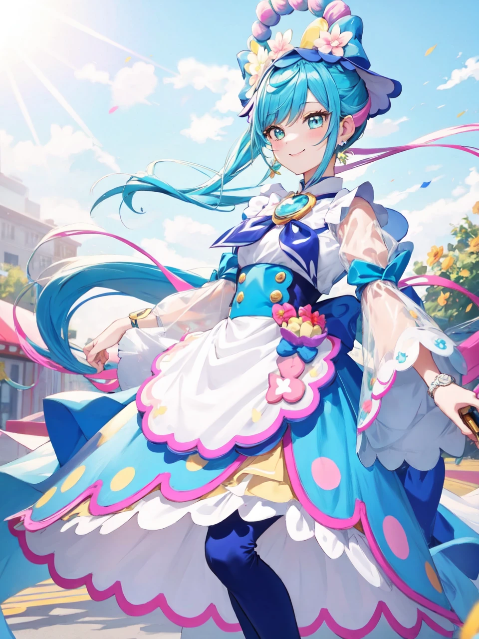 masterpiece, best quality, looking at viewer, depth of field, standing, full body, 
1girl, <lora:locon_cure_spicy_02:0.9>, cure spicy, multicolored hair, ponytail, blue high heels, blue legwear, headwear, brooch, earrings, ahoge, apron, ribbon, wristwatch, 
long dress, hat, hair flower, white skirt, long sleeves, 
smile, ((gradient background)), lens flare,