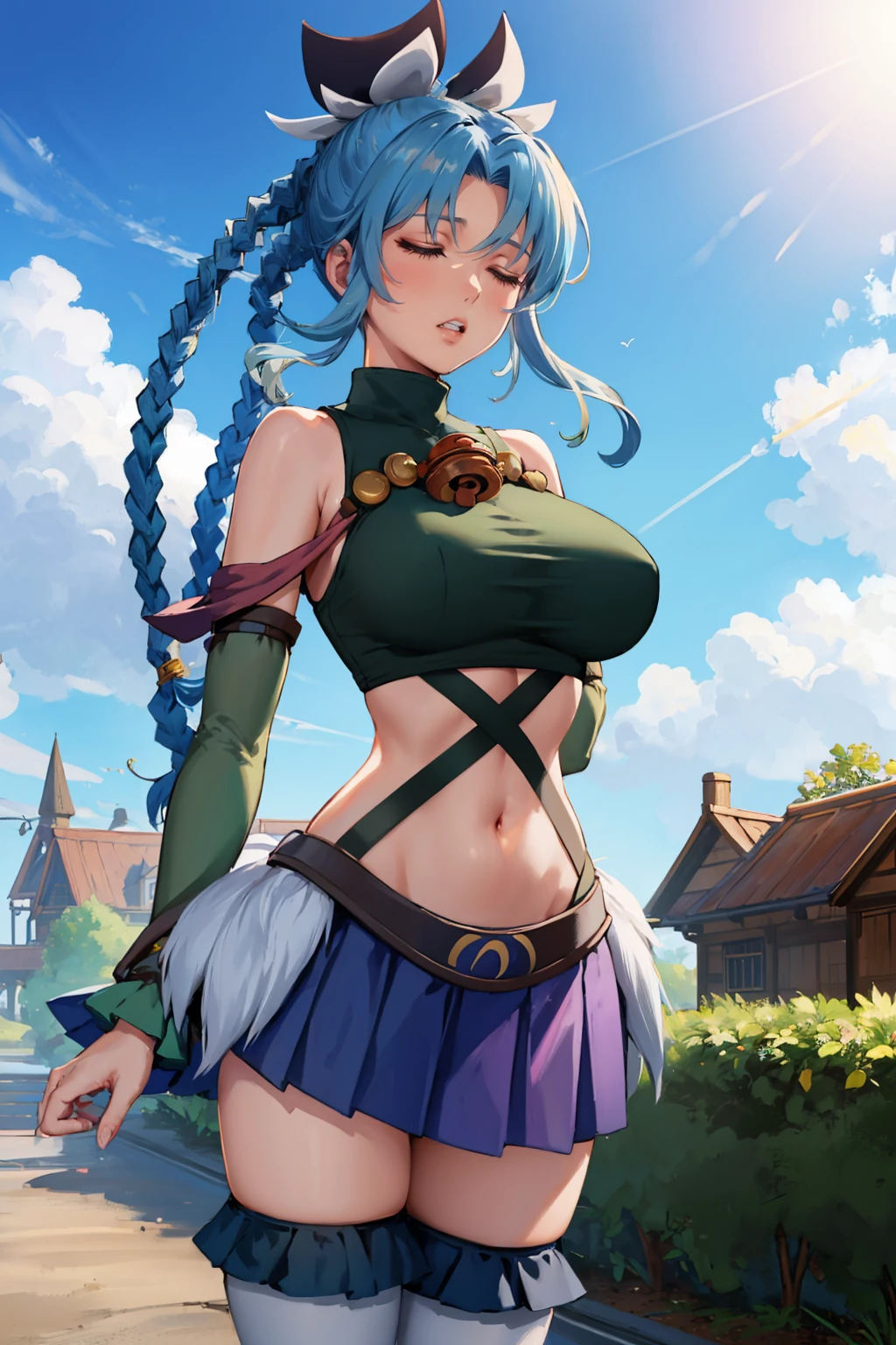 masterpiece, best quality, <lora:mishera-nvwls-v1-000009:1> mishera, closed eyes, braid, hair ornament, hair ribbon, crop top, purple skirt, detached sleeves, green thighhighs, large breasts, standing, worried, clenched teeth, sky, dutch angle