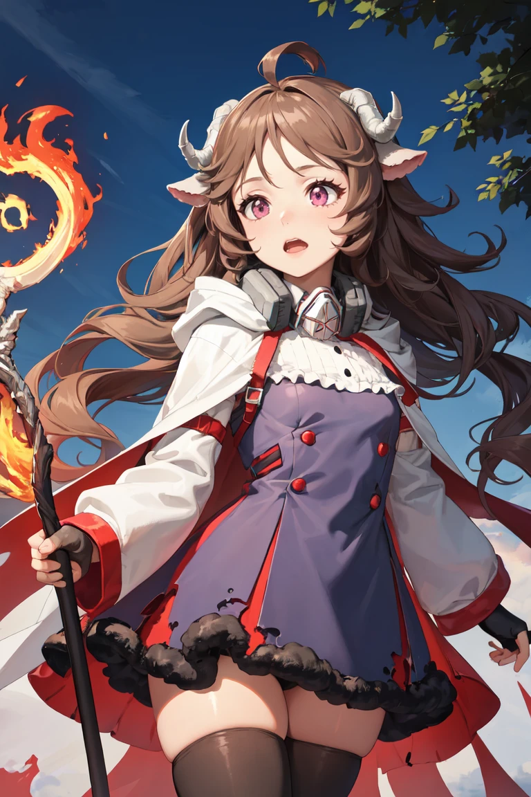 masterpiece, best quality, absurdres, EyjafjallaBase, curled horns, ahoge, mask around neck, purple dress, white cape, fingerless gloves, black thighhighs, shy, open mouth, wavy mouth, holding staff, staff, outdoors, fire, <lora:CHAR-Eyjafjalla:1>