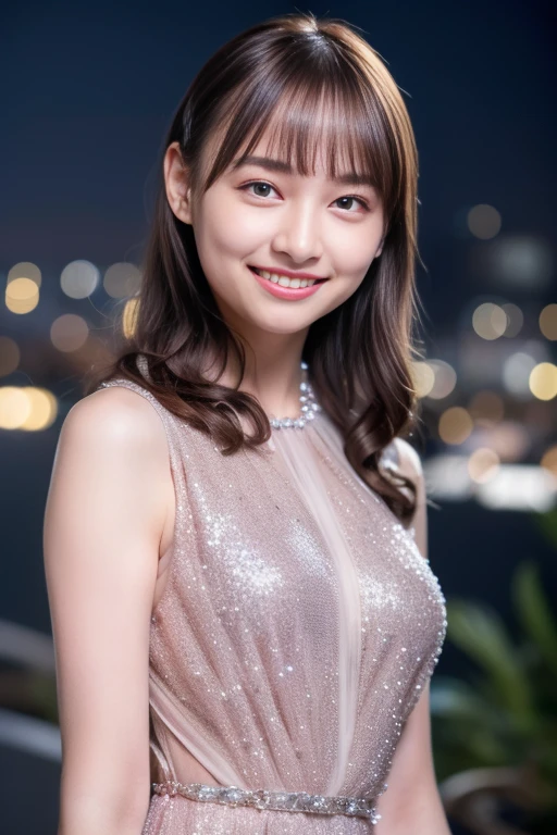1girl,(wearing a sleeveless glittery evening dress:1.2),(RAW photo, best quality), (realistic, photo-realistic:1.4), masterpiece, an extremely delicate and beautiful, extremely detailed, 2k wallpaper, Amazing, finely detail, extremely detailed CG unity 8k wallpaper, ultra-detailed, highres, soft light, beautiful detailed girl, extremely detailed eyes and face, beautiful detailed nose, beautiful detailed eyes,cinematic lighting,city lights at night,perfect anatomy,slender body,smiling   <lora:kageyamayuka_lora:0.8>