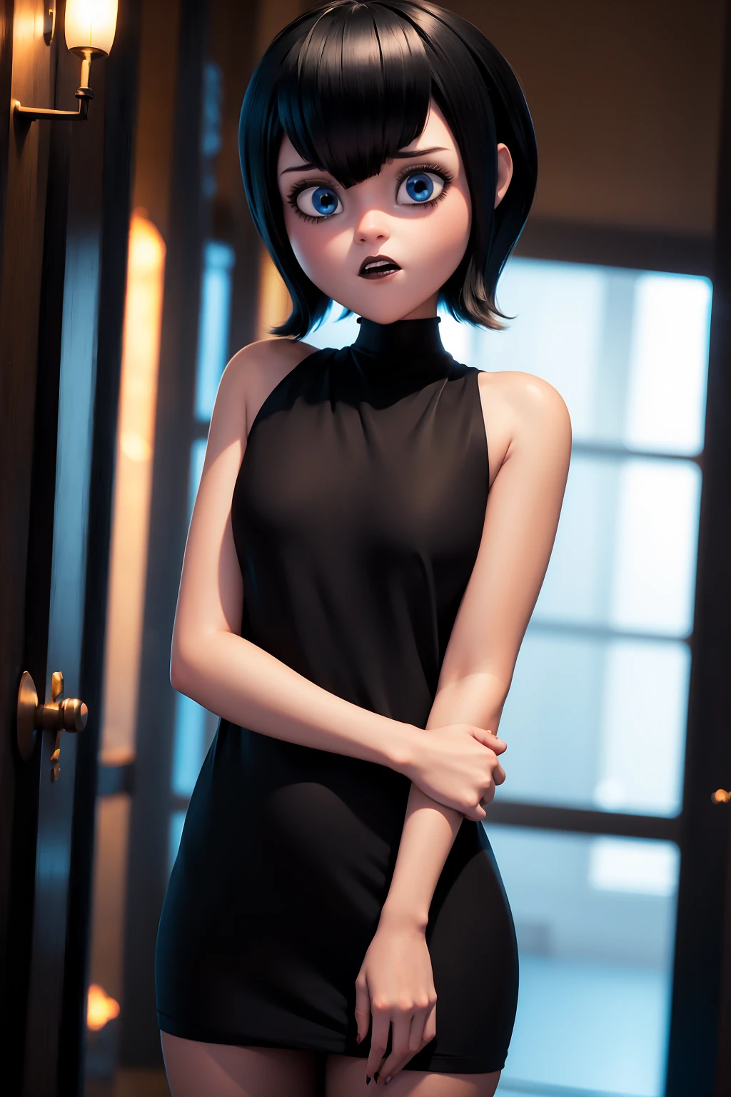 Evelyn,short brown hair,makeup,eyes half open,upper body,looking at viewer,black dress with white line,long sleeves,collarbone,dress skirt, dress lift, panties, cameltoe, pussy juice, wet legs, spread legs, shy,
(insanely detailed, beautiful detailed face, masterpiece, best quality) cinematic lighting,