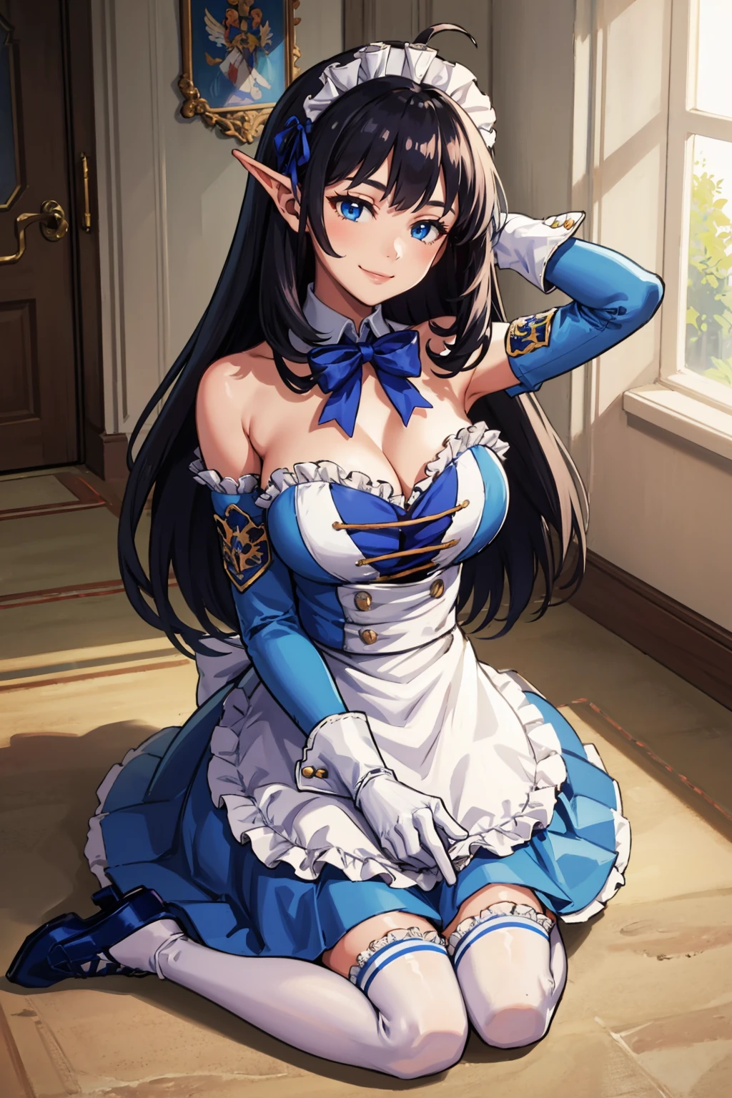 masterpiece, best quality, <lora:mirianne-nvwls-v1-000009:0.9> mirianne, maid headdress, cleavage, frilled dress, bowtie, detached sleeves, white gloves, white thighhighs, large breasts, smile, wariza, from above, victorian architecture, smile, arm behind head