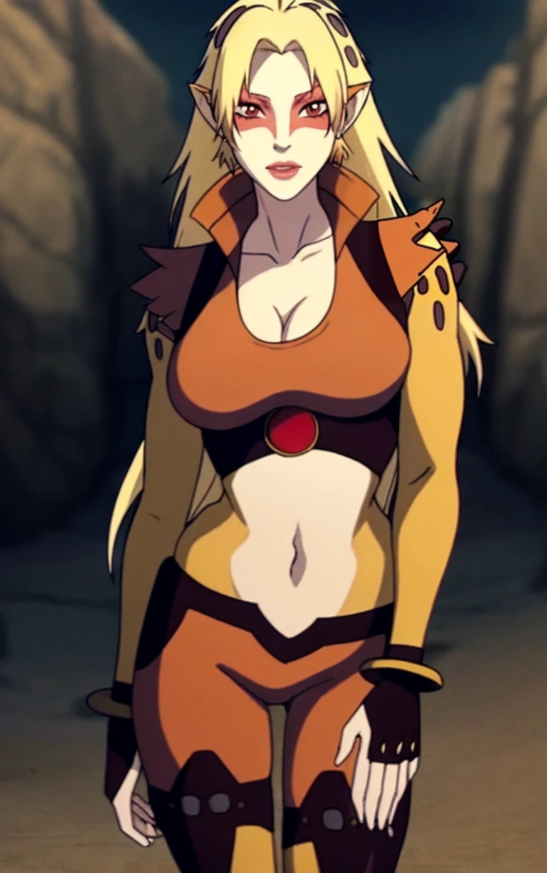 CARTOON_Cheetara_Thundercats2011_ownwaifu,
1girl, blonde hair, very long hair, colored skin, multicolored skin, two-tone skin,long hair, pointy ears, breasts, cleavage, makeup, red eyes, large breasts, navel, lipstick, brown eyes, blush, bangs, eyeshadow, slit pupils, facepaint, lips, jewelry, leopard print,
collared jacket, orange leotard, midriff, crop top, gloves, bracelet, open clothes, toeless legwear, bodysuit, anklet, thighhighs, fingerless gloves, sleeveless,
<lora:CARTOON_cheetara_2011Thundercats_ownwaifu:1> ,
((masterpiece)),((best quality)),(highres, absurdres), original, official_art, chromatic_aberration, light_particles, bokeh, bloom, depth_of_field, outdoors, day, looking at viewer, solo, cowboy shot,