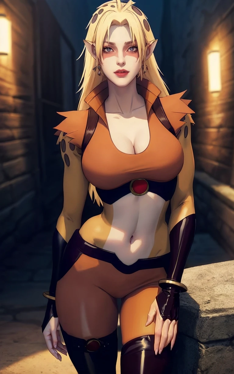 CARTOON_Cheetara_Thundercats2011_ownwaifu,
1girl, blonde hair, very long hair, colored skin, multicolored skin, two-tone skin,long hair, pointy ears, breasts, cleavage, makeup, red eyes, large breasts, navel, lipstick, brown eyes, blush, bangs, eyeshadow, slit pupils, facepaint, lips, jewelry, leopard print,
collared jacket, orange leotard, midriff, crop top, gloves, bracelet, open clothes, toeless legwear, bodysuit, anklet, thighhighs, fingerless gloves, sleeveless,
<lora:CARTOON_cheetara_2011Thundercats_ownwaifu:1> ,
((masterpiece)),((best quality)),(highres, absurdres), original, official_art, chromatic_aberration, light_particles, bokeh, bloom, depth_of_field, outdoors, day, looking at viewer, solo, cowboy shot,
