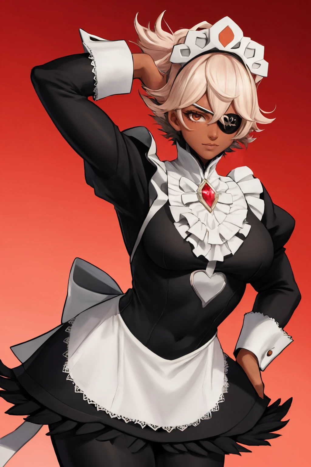 masterpiece, best quality, 1girl, solo, <lora:debonairdiamond-rh-richy-v1:1> debdia, eyepatch, muscular female, dark-skinned female, <lora:FEFatesMaid_v1:1> fates maid, maid headdress,