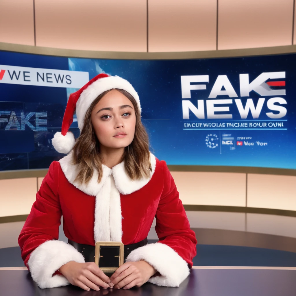 ella_purnell, <lora:EllaPurnellXL:1>, tv news moderator dressed as santa claus, long hair, looking at viewer, serious face, santa claus outfit, santa hat, sitting, tv news studio, tv screen in background with text that reads ('Fake news' text logo:1.5), indoors, jacket,traditional media, table, own hands together, holding paper, realistic, <lora:AI_Overlord_Santas_-_The_Green_Team_LoRA:1>, ((perfect eyes, detailed eyes,realistic eyes)), ((sharp face, detailed face, realistic face, naturtal skin, realistic skin, detailed skin, pores))