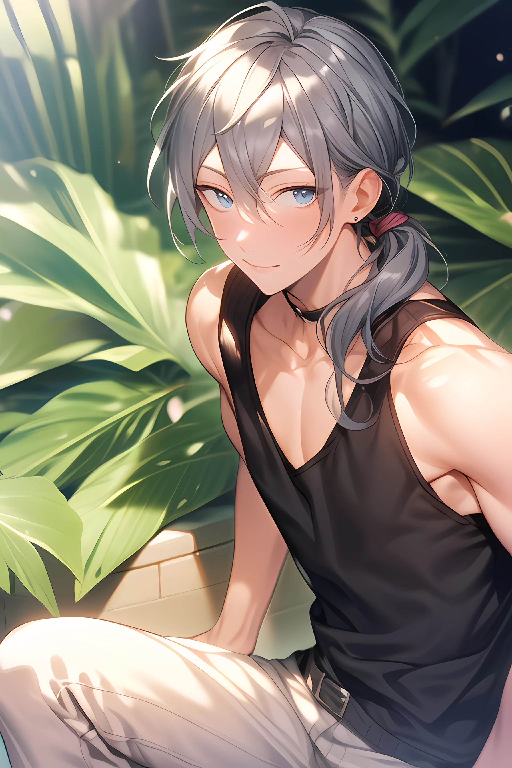 niki, dark gray hair, blue eyes, low ponytail, male focus,NIJI, photorealistic, scenery