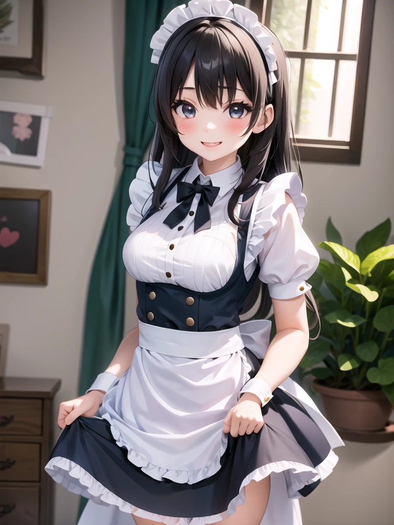 a girl, upper body, maid costume, skirt lift by myself, smile