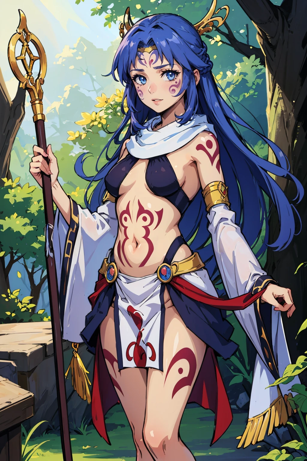 masterpiece, best quality, <lora:tialuna-nvwls-v1-000010:0.9> tialuna, blue hair, facial mark, tattoo, hair ornaments, scarf, revealing clothes, navel, detached sleeves, pelvic curtain, standing, holding staff, looking at viewer, forest