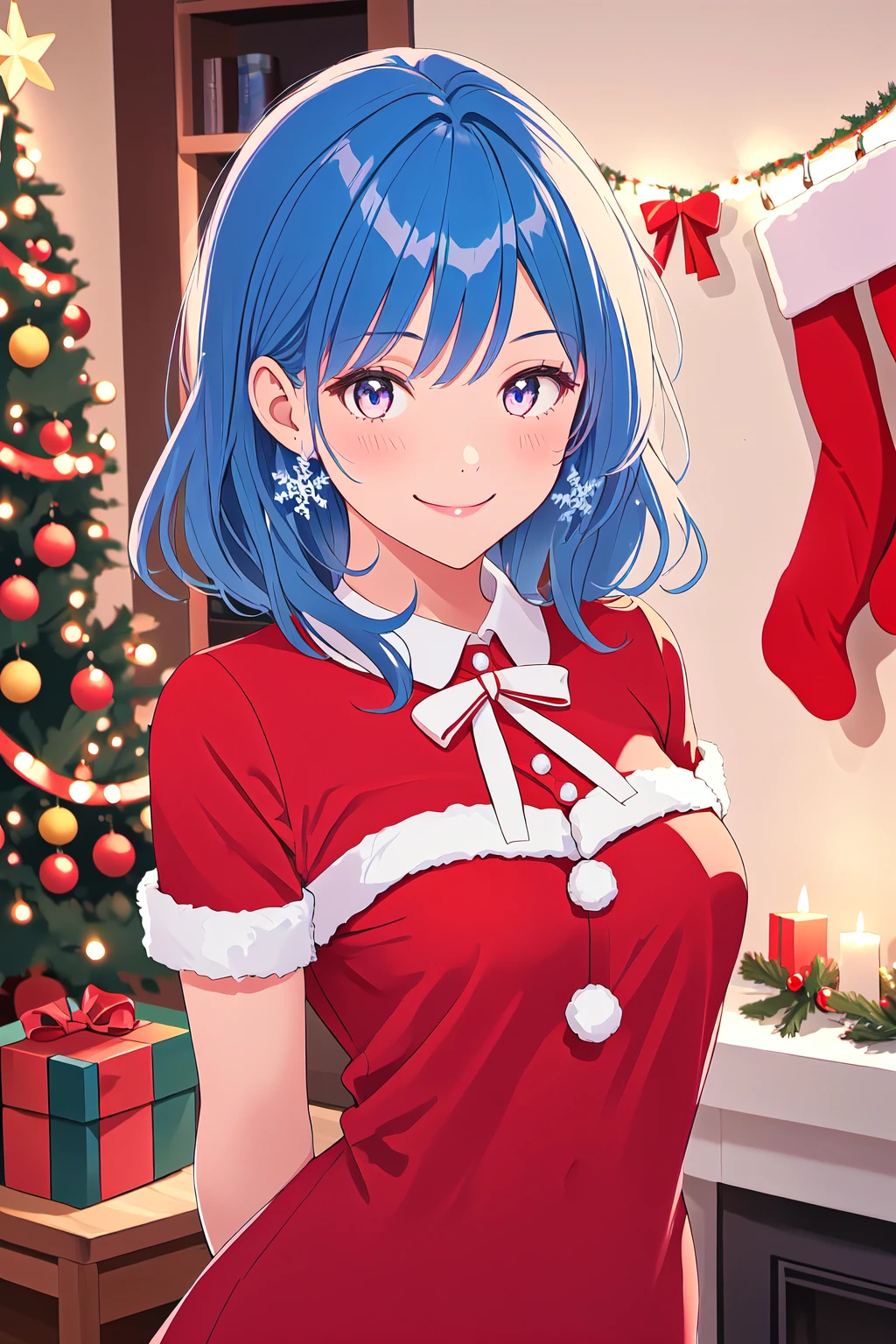 <lyco:SexySantasHelper:1>, 1girl, volumetric lighting, cute, smile, blue hair, medium breasts, arms behind back, christmas tree, christmas lights, sshelper