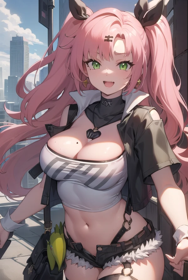 nicoledemara, <lora:nicole demara-lora-nochekaiser:1>,
nicole demara, (green eyes:1.5), pink hair, hair ornament, hair ribbon, hairclip, long hair, mole, mole on breast, mole on thigh, mole under eye, two side up, ribbon, smirk, smile, open mouth,
BREAK black footwear, black ribbon, black shorts, black socks, black thighhighs, boots, cleavage, crop top, earrings, jewelry, kneehighs, nail polish, necklace, o-ring, short shorts, shorts, single kneehigh, single sock, single thighhigh, socks, thigh strap, thighhighs, torn clothes, two side up,
BREAK outdoors, city, sky, clouds, sun, buildings, crowd, people, alley,
BREAK looking at viewer, (cowboy shot:1.5),
BREAK <lyco:GoodHands-beta2:1>, (masterpiece:1.2), best quality, high resolution, unity 8k wallpaper, (illustration:0.8), (beautiful detailed eyes:1.6), extremely detailed face, perfect lighting, extremely detailed CG, (perfect hands, perfect anatomy),