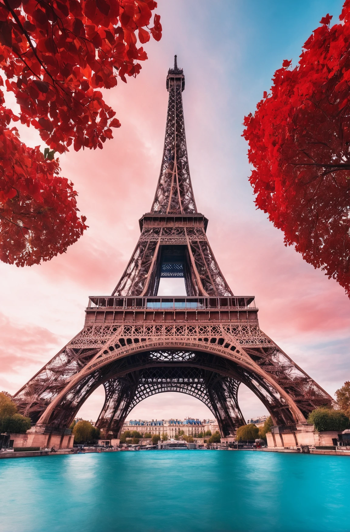 Architecture Photography, eiffel tower, azure and red tones, photo 4k, art work, bright day, 6 k