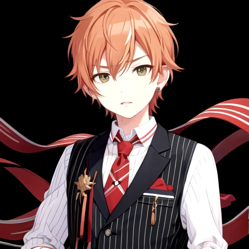 <lora:AkitoV2-03:0.7>, akitokun, looking at viewer, simple background, shirt, gloves, long sleeves, hair between eyes, jewelry, jacket, upper body, earrings, parted lips, necktie, black gloves, striped, collared shirt, vest, red necktie, black background, grey shirt, vertical stripes, striped shirt, stud earrings, half gloves, pinstripe pattern, vertical-striped shirt, tie clip
