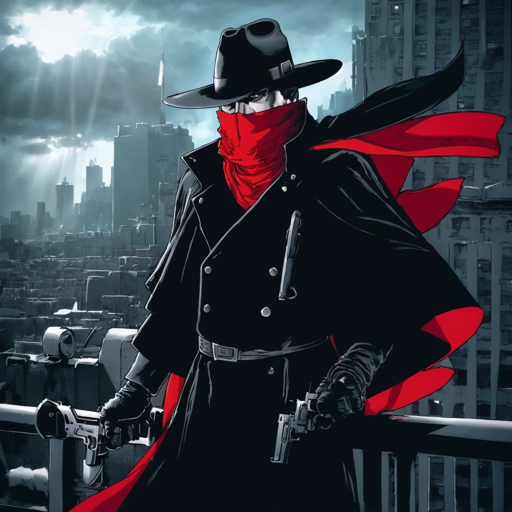 ((a man watching over the city on a high building moody light on his face))<lora:TheShadowLora:0.9> 1boy, hat, weapon, gun, gloves, holding weapon, handgun, scarf, mask, fedora, dual wielding, trench coat, red scarf, coat, cape, black hair, black gloves,Highly detailed,masterpiece, best quality, photorealistic,