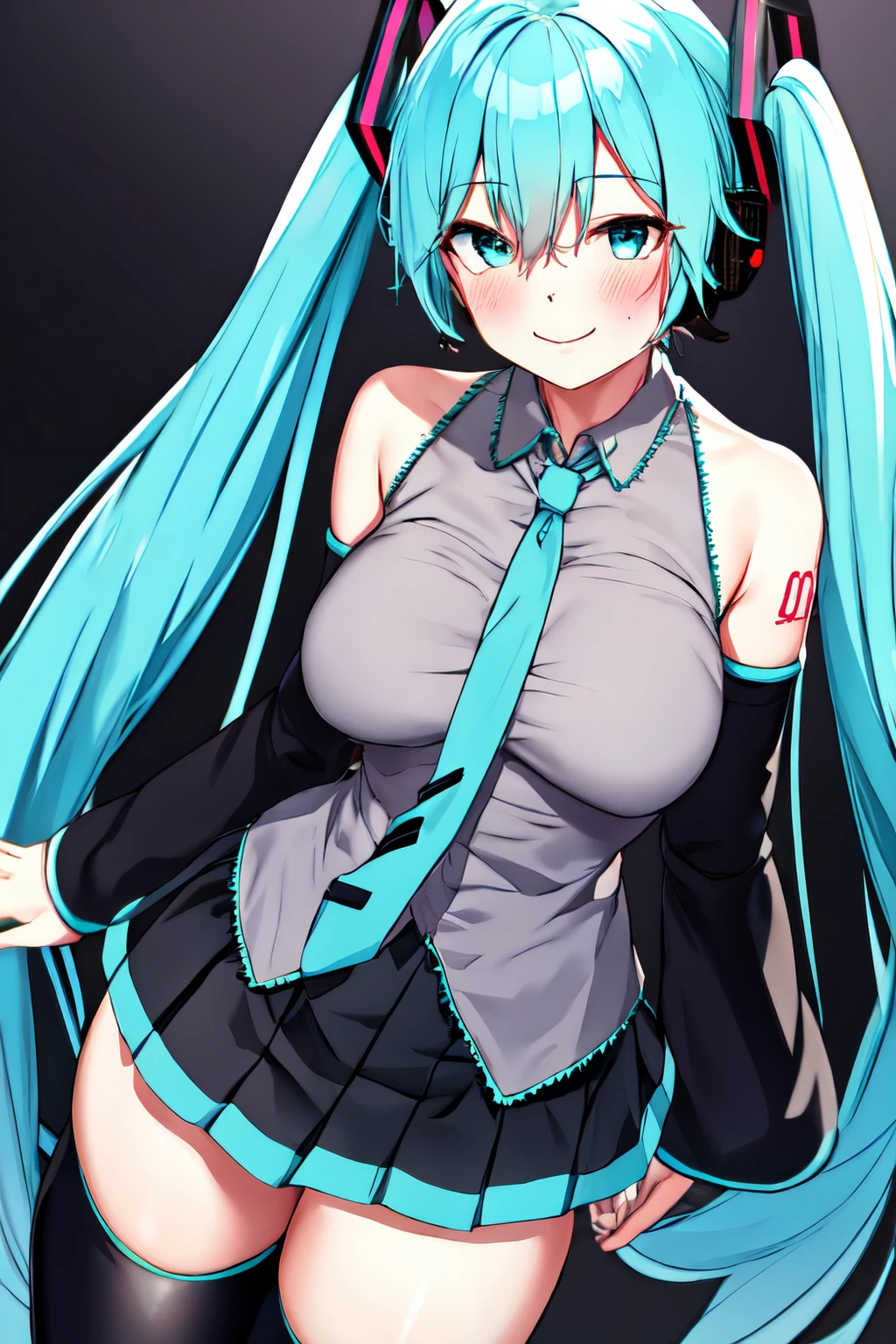 jack dempa style,hatsune miku, aqua necktie, aqua hair, grey shirt, hair ornament, headset, black skirt, shirt, skirt, bare shoulders, thighs, 1girl, long hair, black thighhighs, closed mouth, aqua eyes, looking at viewer, smile, large breasts, detached sleeves, very long hair, pleated skirt, zettai ryouiki, twintails, necktie, thighhighs, solo, blush, sleeveless<lora:jack_dempa_style:1>