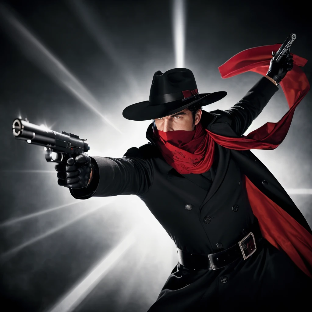 ((a man aiming his guns at a foe, moody ligh)),Highly detailed,masterpiece, best quality, photorealistic, <lora:TheShadowLora:0.5> 1boy, hat, weapon, gun, gloves, holding weapon, handgun, scarf, mask, fedora, dual wielding, trench coat, red scarf, coat, cape, black hair, black gloves