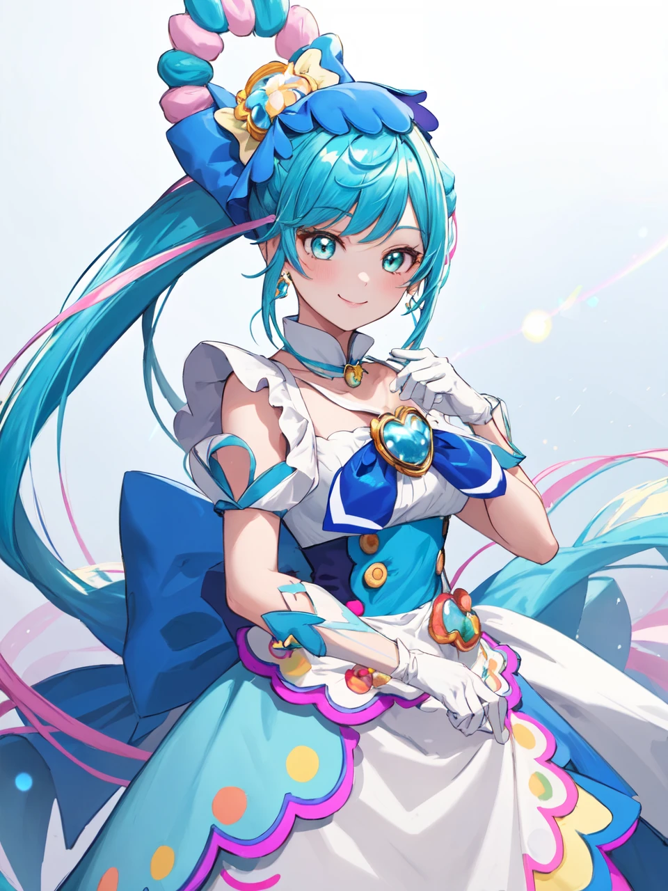 masterpiece, best quality, looking at viewer, depth of field, standing, cowboy shot, 
1girl, <lora:locon_cure_spicy_02:0.9>, cure spicy, multicolored hair, ponytail, blue high heels, blue legwear, headwear, gloves, brooch, earrings, ahoge, apron, ribbon, wristwatch, 
smile, ((gradient background)), lens flare,