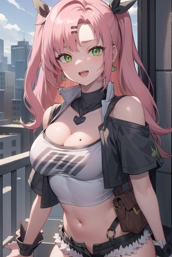 (((best quality))), (((high resolution))), (((masterpiece))), ((ultra-detailed)), (illustration), ((an extremely delicate and beautiful)), ((super detail)), (((20 years old))), ((adult)), (((tall))), gleaming skin, shiny body, breast focus, (((((ultra-huge breasts))))), elegant smile, ((big round eyes)), cute eyes, drooping eyes, two hands, five fingers, no extra hands, two legs, slender legs, ((biopunk)), ((metallic cloth)), (android), gynoid, delicate metal decorations, (medium length hair), (hair shorter than shoulder), braid, pony tail, (see-through), mini skirt, ((midriff-baring outfit)), (shining brightly), daytime, city, (dark pink blond), (metallic shining),
