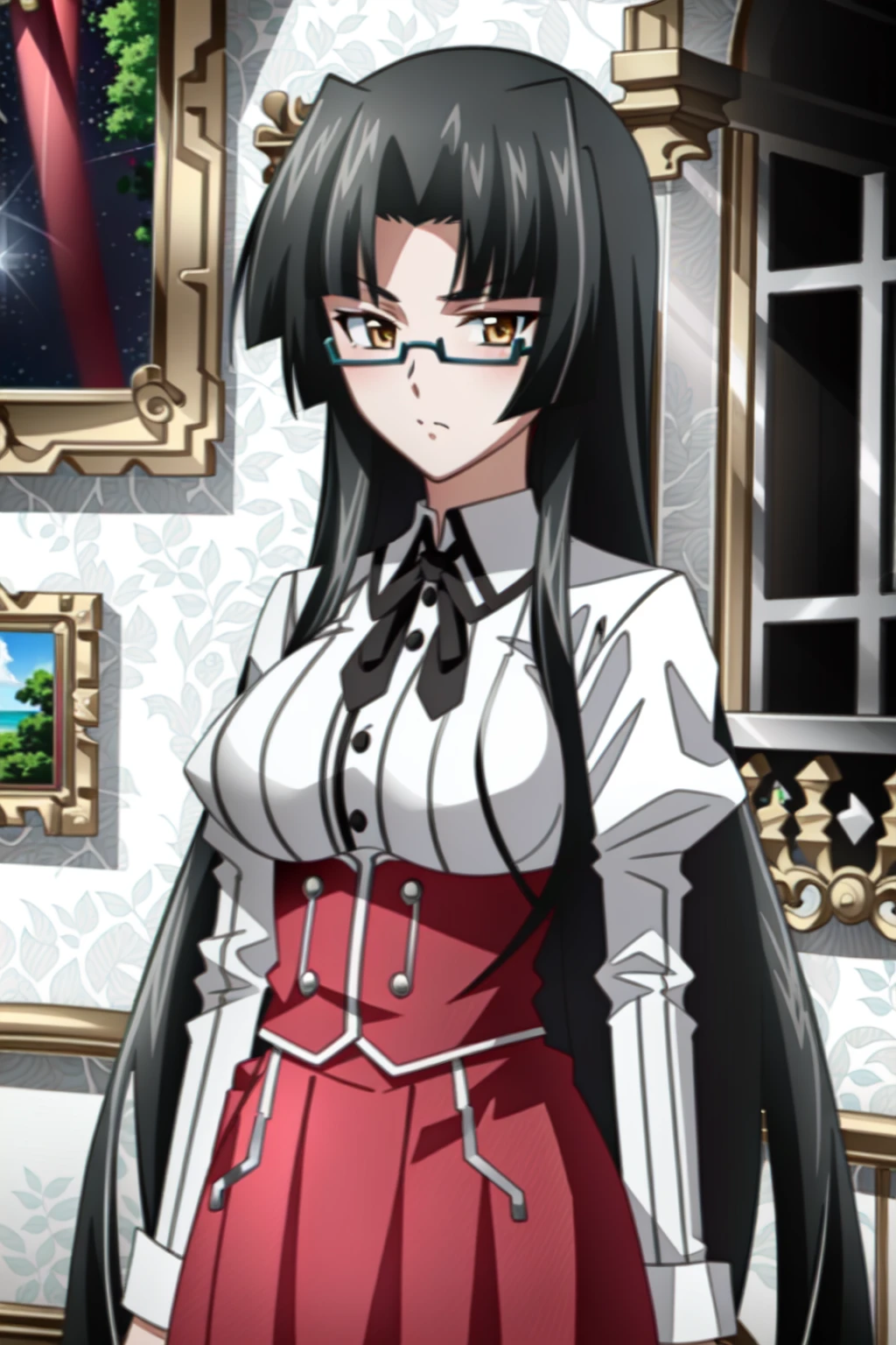 (extremely detailed CG unity 4k wallpaper),(masterpiece),(ultra quality),(ultra-detailed),(best illustration),(best shadow),(absurdres),(detailed background), <lora:OGT_Tsubaki_Shinra-v2:1> Tsubaki Shinra, 1girl, solo, long hair, semi-rimless eyewear, breasts, under-rim eyewear, ribbon, neck ribbon, glasses, black hair, bangs, shirt, black ribbon, white shirt, school uniform, closed mouth, blue-framed eyewear, large breasts, looking at viewer, upper body, brown eyes, long sleeves, indoors, high-waist skirt, parted bangs, very long hair, underbust