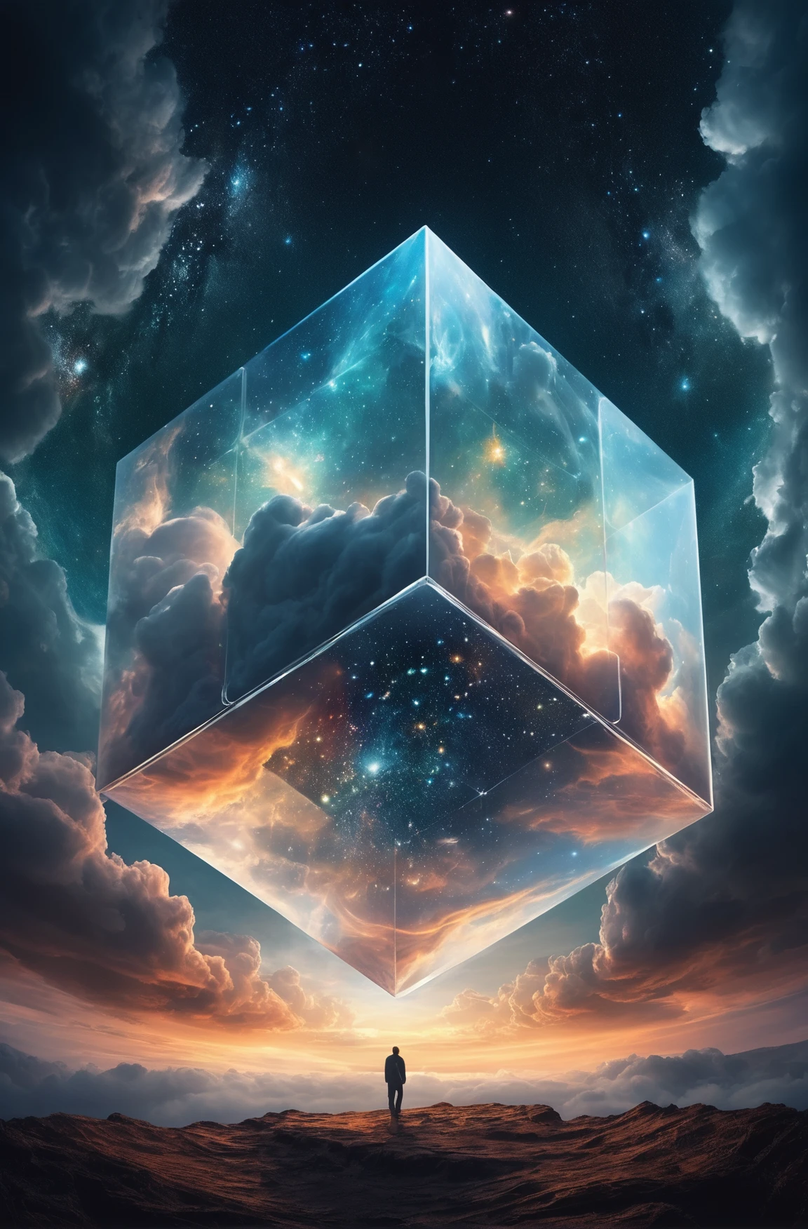 Bosch-style, a translucent cube traps eerie clouds, the starsscape warps, time distorts, surrealism reigns, stars, Glowing, sparkling