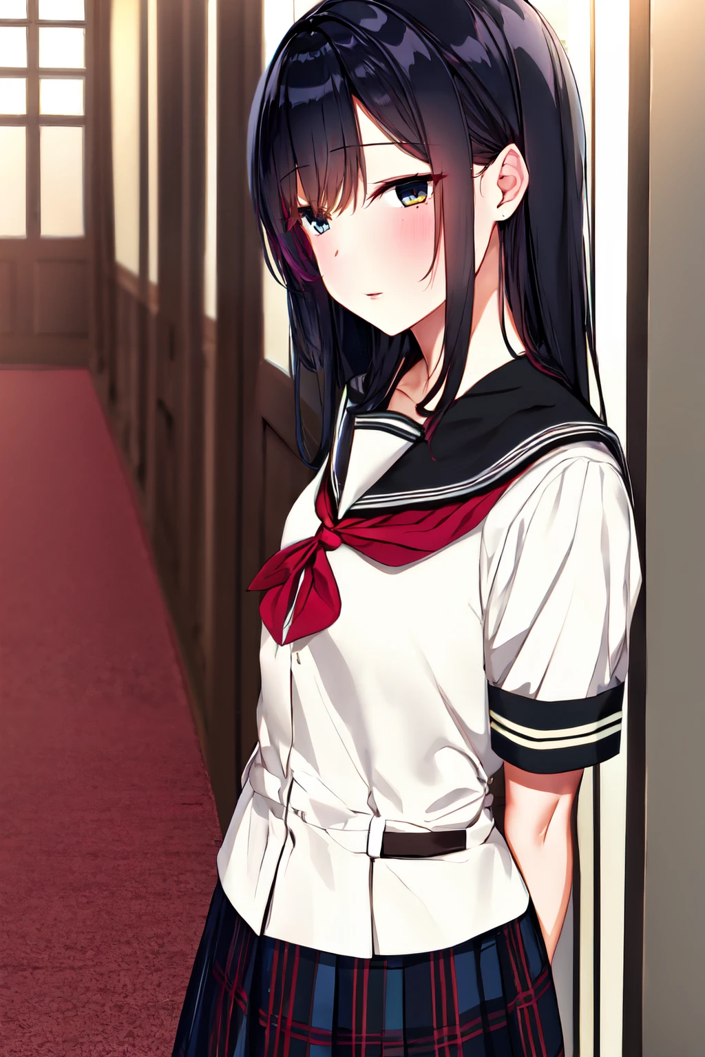 <lora:jack_dempa_style:1> jack dempa style, 1girl,solo, mole, long hair, black hair, school uniform, serafuku, red sailor collar, , plaid skirt, black skirt, hallway, school,indoors, windows