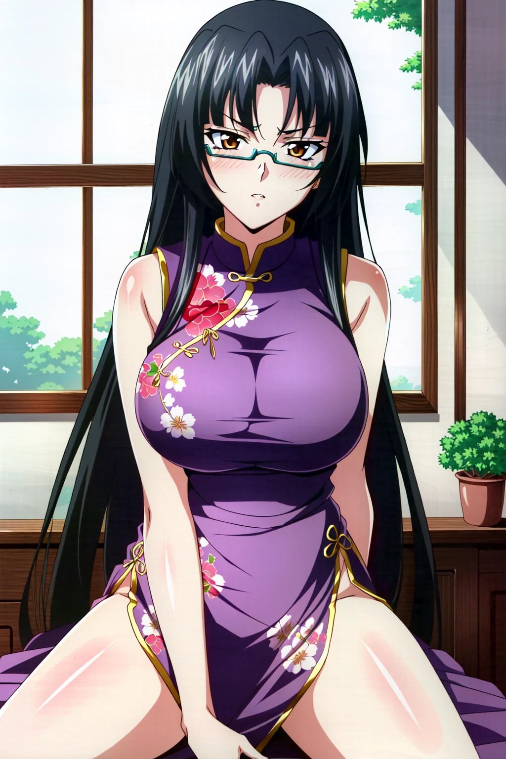 (extremely detailed CG unity 4k wallpaper),(masterpiece),(ultra quality),(ultra-detailed),(best illustration),(best shadow),(absurdres),(detailed background), <lora:OGT_Tsubaki_Shinra-v2:0.8> Tsubaki Shinra, 1girl, solo, breasts, black hair, bangs, hime cut, blunt bangs, long hair, covered, large breasts, glasses, ((purple clothing, dress, purple dress, purple chinese dress, purple chinese qipao)), brown eyes, necklace, jewelry, blush, retro artstyle, anime coloring, looking at viewer, (leaning over, leaning towards viewer, straddling, staddling viewer, caressing viewer, pov, alluring, suductive stare), (indoors, bedroom)