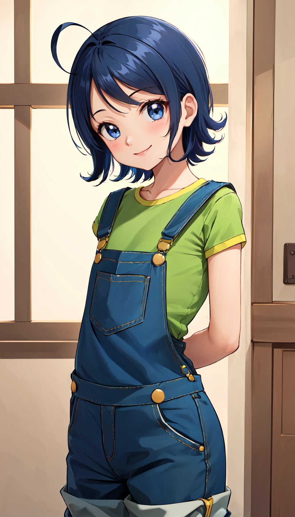 masterpiece, best quality, indoors, <lora:LoRA_Senoo:1>,
senoo aiko, 1girl, solo, looking at viewer, cowboy shot, blue hair, blue eyes, short hair, ahoge, flat chest, smile, shirt, green shirt, overalls, style parody, arms behind back,