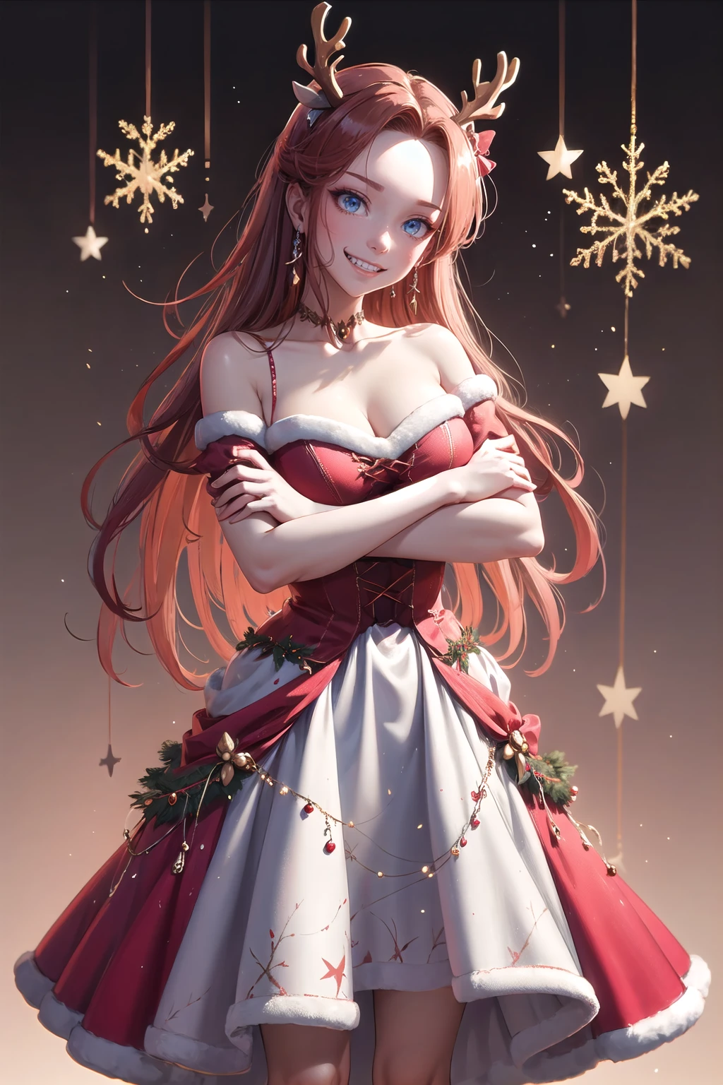 <lora:wrenchsjoyfuljingle:1>, wrenchsjoyfuljingle, gown, reindeer antlers, red dress, <lora:KatarinaClaes:0.9>, KatarinaClaes, asymmetrical bangs, evil smile, crossed arms, looking down, evil grin,