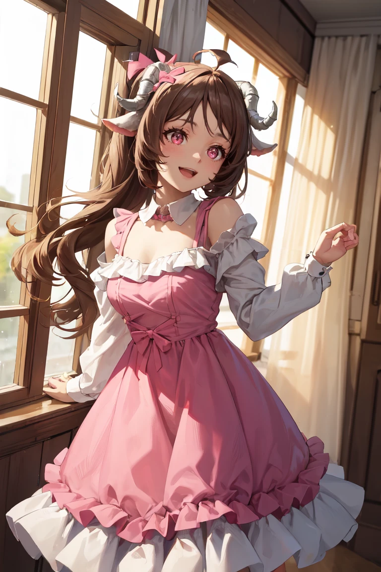 masterpiece, best quality, absurdres, Eyjafjalla, curled horns, ahoge, cute, long dress, (pink dress), frills, bow, :d, sparkles, sparkling, smile, indoors, standing, <lora:CHAR-Eyjafjalla:1>
