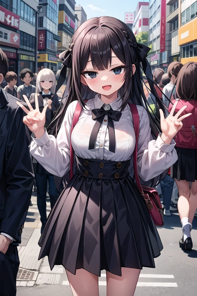 <lora:smirkingeye_v200:1>, insanely detailed, absurdres, ultra-highres, ultra-detailed, best quality,
1girl, solo, nice hands, perfect hands,
BREAK
braid, shirt, holding, mary janes, socks, black skirt, long hair, white shirt, suspender skirt, white socks, long sleeves, ribbon, suspenders, standing, ruffles, black ribbon, bow , black bow tie, long skirt, black bow, neck ribbon, bowtie, bag 
BREAK
happy smile, laugh, open mouth, standing,
(45 angle:-1.5), (from side:-1.5),
cute pose, cowboy shot,
BREAK
slender, kawaii, perfect symmetrical face, ultra cute girl, ultra cute face, ultra detailed eyes, ultra detailed hair, ultra cute, ultra beautiful,
BREAK
in harajuku, shibuya, tokyo, street, crowd, cityscape,
BREAK
large breasts,
(black hair, black eyes),