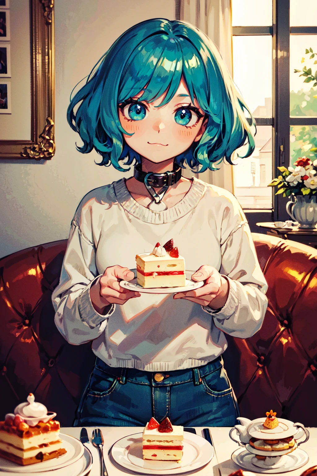 close up,  looking at viewer, staring,   dynamic pose(1female), :3, cyan hair, short hair, wavy hair,        sweater, crop sweater, collar, jeans shorts,  (Cakes And Pastry On Table For Afternoon Tea Party, Sugar Sweet Dessert Cafe:1.2),  (best quality, masterpiece:1.1), scenery,